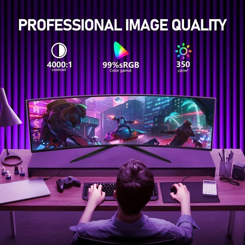A 34-inch UWQHD curved gaming monitor with 4K HD picture quality, a 165Hz high refresh rate, and a 1500R curvature.
