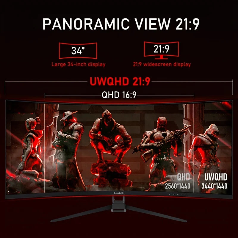 A 34-inch UWQHD curved gaming monitor with 4K HD picture quality, a 165Hz high refresh rate, and a 1500R curvature.
