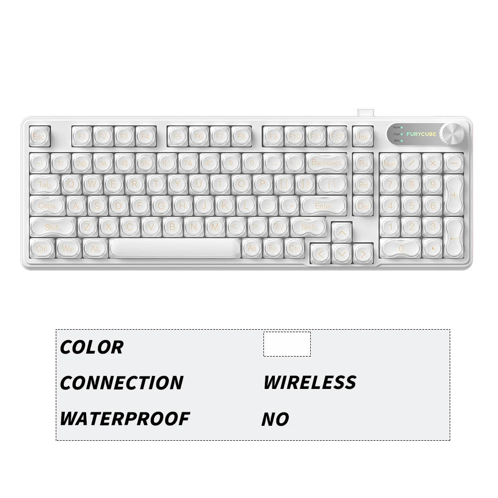 FURYCUBE 98 Key Wireless RGB Keyboard with Screen & Knob – Waterproof Membrane Mechanical Feel Gaming Keyboard White