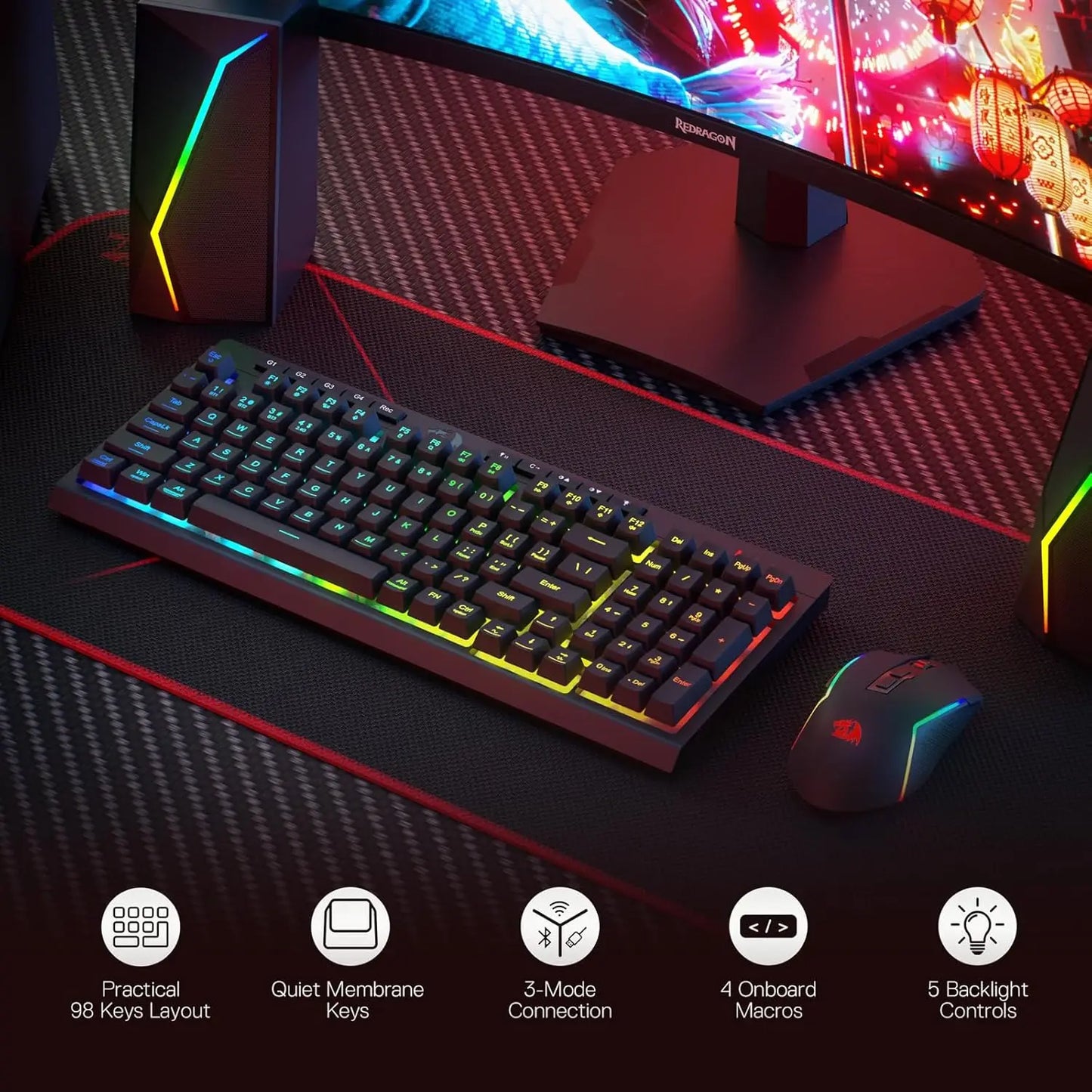 Redragon S142 Wireless Gaming Keyboard & Mouse Combo – K515 PRO 98 Key RGB Membrane Keyboard Set