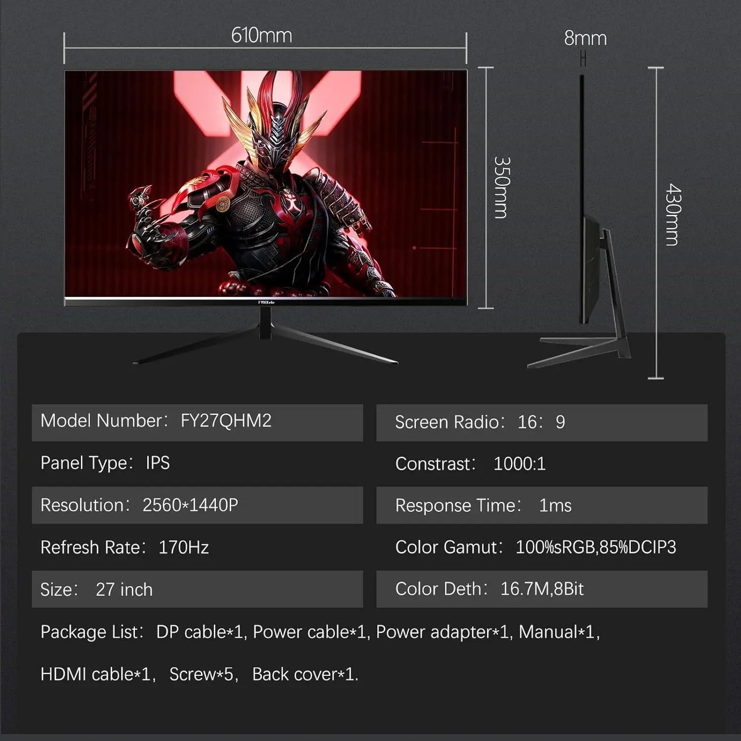 27 Inch Monitor 170hz 2K Gaming Display 1ms ADM-FreeSync 8 Bits 99%sRGB IPS Desktop LED Display HDMI DP HDR400