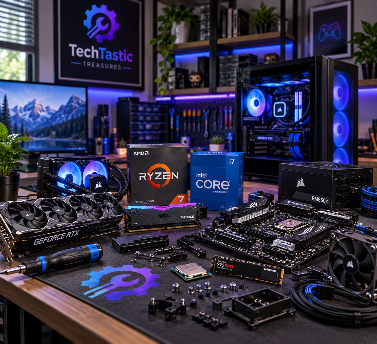 Custom PC parts and components displayed on a professional TechTastic Treasures workbench, including a graphics card, processors, motherboard, RAM, SSD, power supply, cooling components, cables and PC building tools.