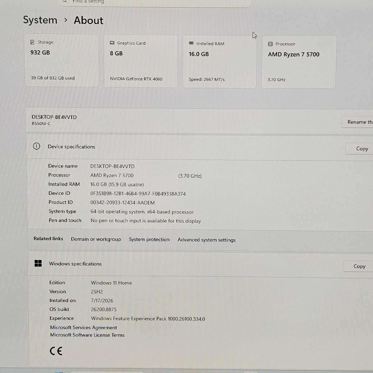 Custom Gaming PC Ryzen 7 5700 RTX 4060 8GB 16GB RAM 1TB NVMe SSD Windows 11 RGB Desktop