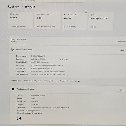 Custom Gaming PC Ryzen 7 5700 RTX 4060 8GB 16GB RAM 1TB NVMe SSD Windows 11 RGB Desktop