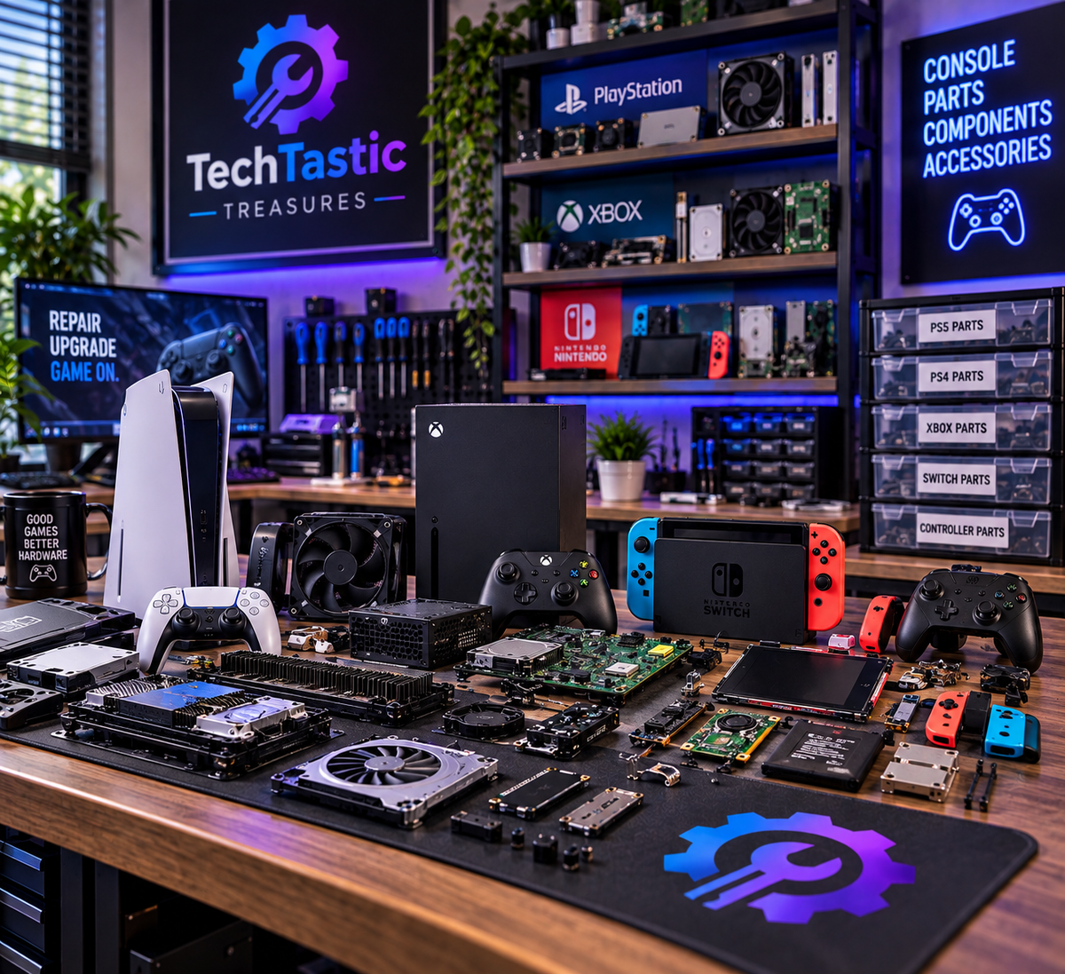 PlayStation, Xbox and Nintendo Switch parts and components displayed on a TechTastic Treasures repair workbench, including consoles, controllers, circuit boards, cooling fans, internal components and replacement parts.