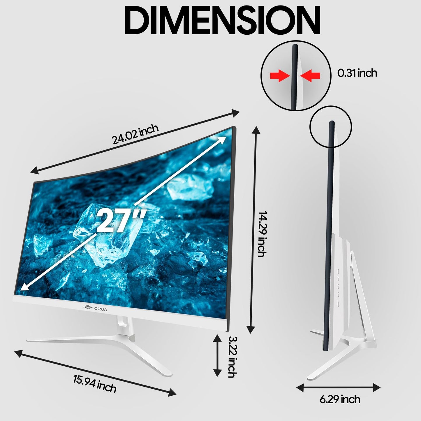 CRUA 34 Inch Curved Gaming Monitor 3440x1440 WQHD 165Hz Ultrawide 21:9 FreeSync HDMI DP 1500R