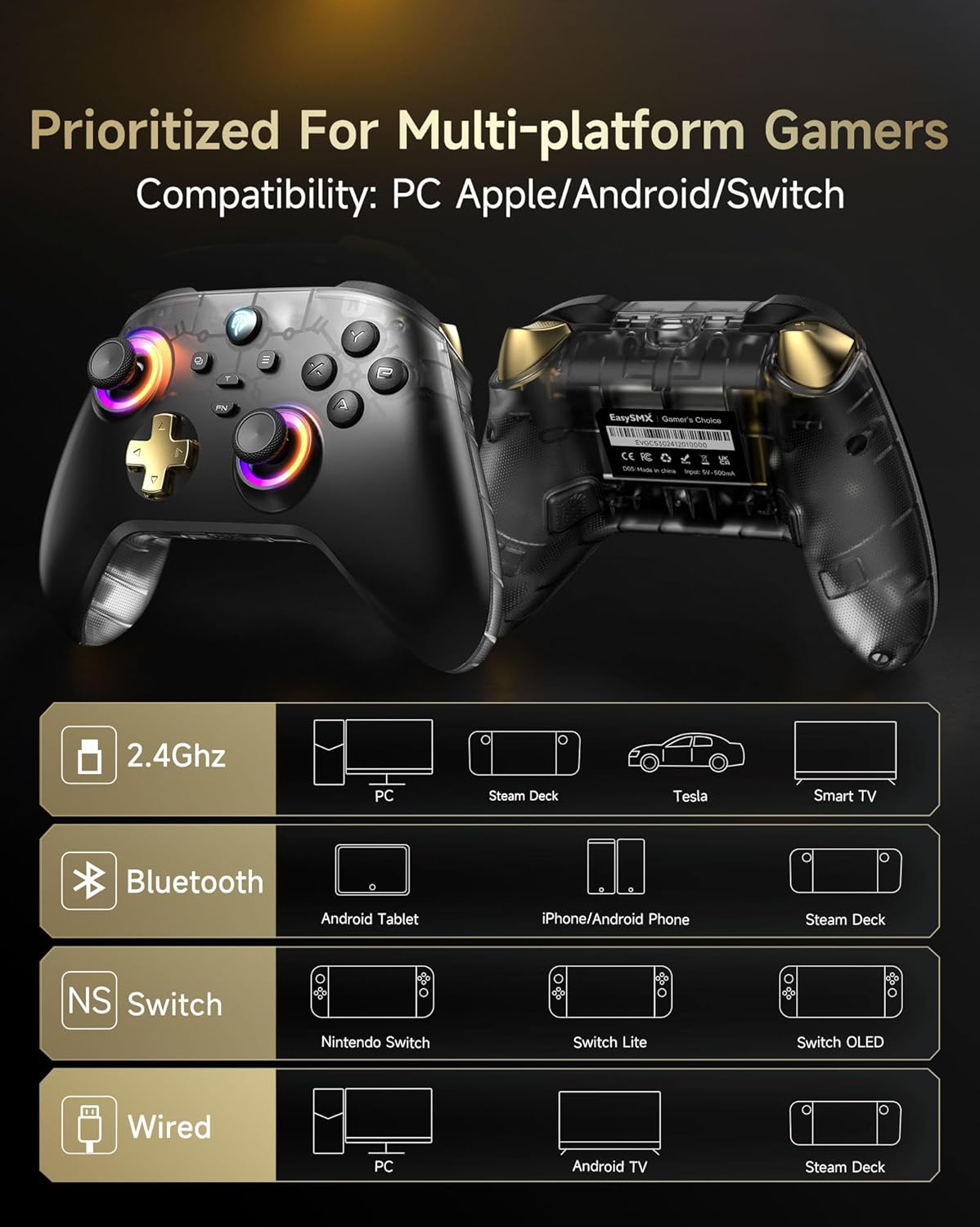 EasySMX D05 Gaming Controller with Charging Dock – Hall Effect Joystick Wireless Gamepad with Programmable Buttons