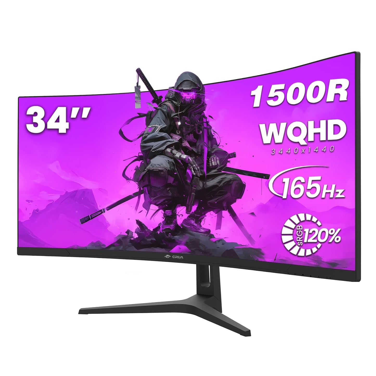 CRUA 34 Inch Curved Gaming Monitor 3440x1440 WQHD 165Hz Ultrawide 21:9 FreeSync HDMI DP 1500R