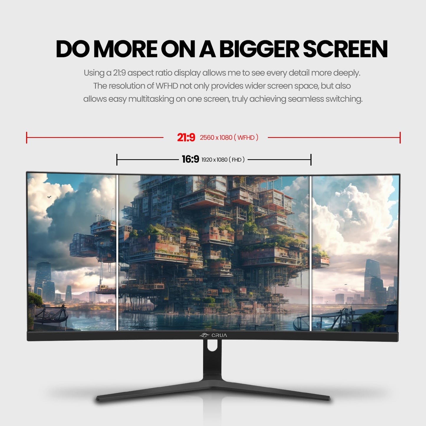 CRUA 34 Inch Curved Gaming Monitor 3440x1440 WQHD 165Hz Ultrawide 21:9 FreeSync HDMI DP 1500R