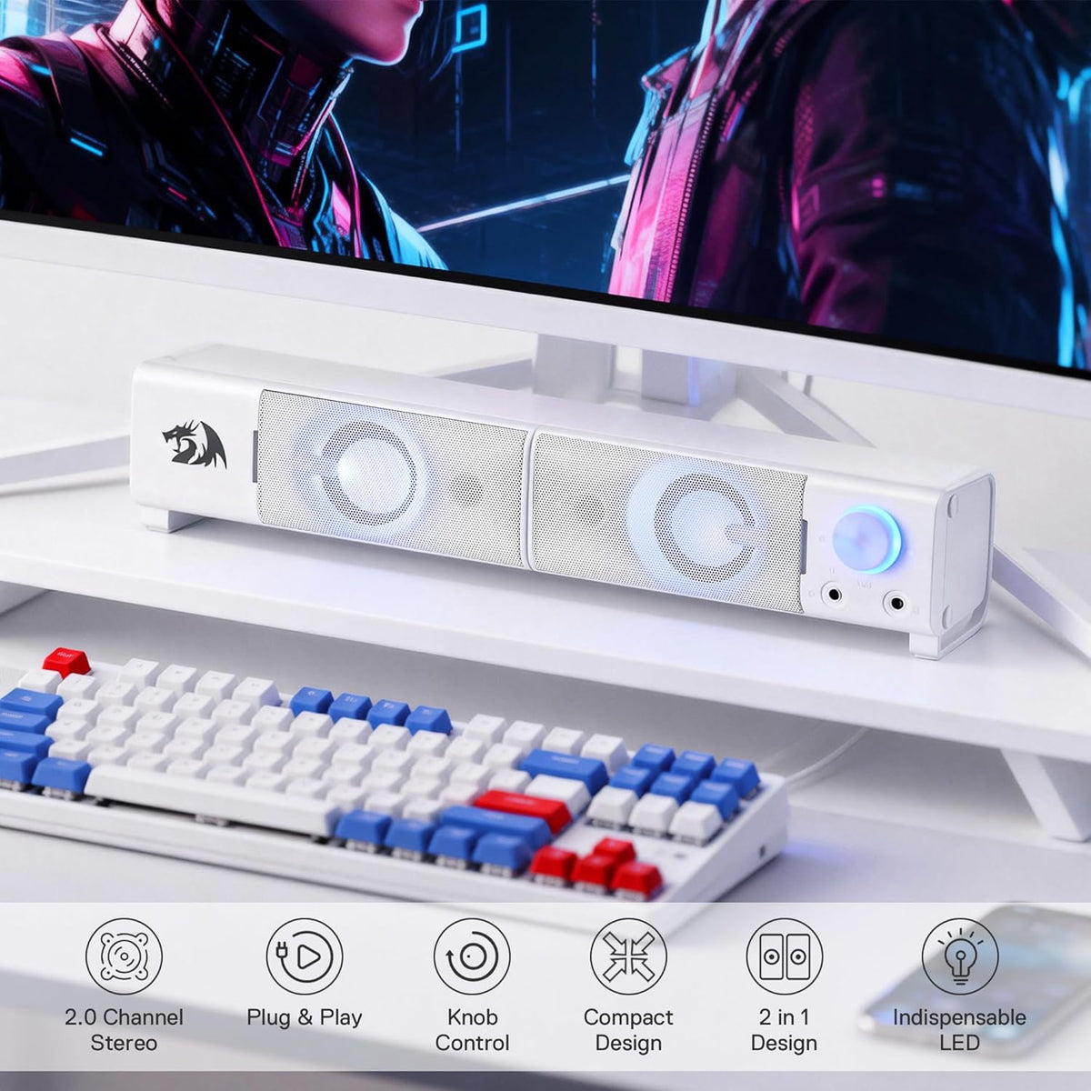 Redragon GS550 PC Gaming Speakers 2.0 Channel Stereo Enhanced Sound, White