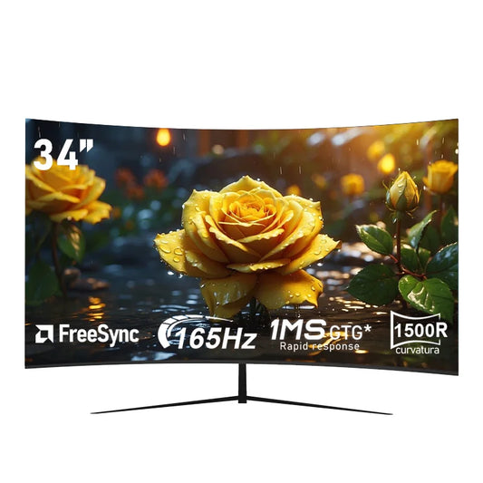 A 34-inch UWQHD curved gaming monitor with 4K HD picture quality, a 165Hz high refresh rate, and a 1500R curvature.