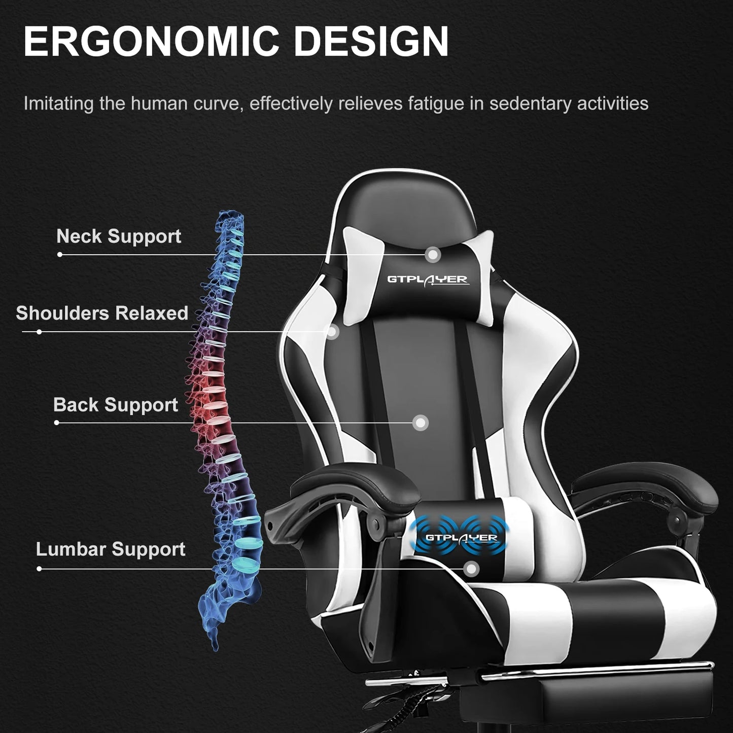 GTPLAYER Gaming Chair with Footrest – Ergonomic Reclining Office Chair with Lumbar Support, Headrest & Swivel Seat