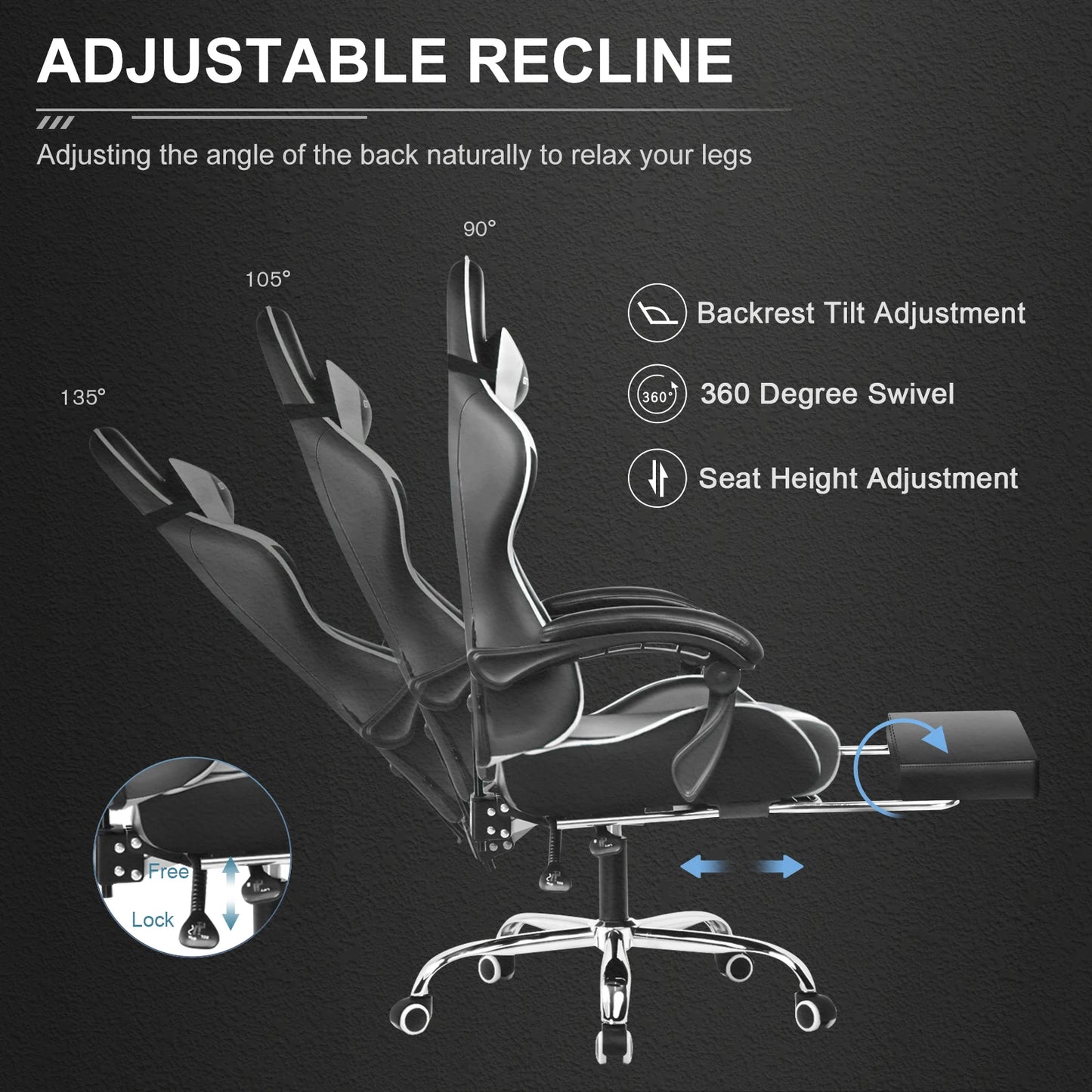 GTPLAYER Gaming Chair with Footrest – Ergonomic Reclining Office Chair with Lumbar Support, Headrest & Swivel Seat