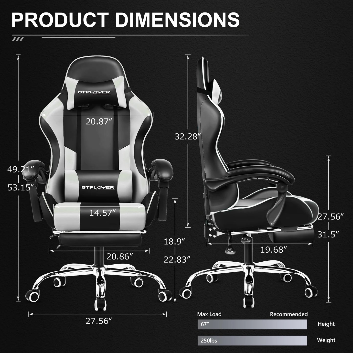 GTPLAYER Gaming Chair with Footrest – Ergonomic Reclining Office Chair with Lumbar Support, Headrest & Swivel Seat