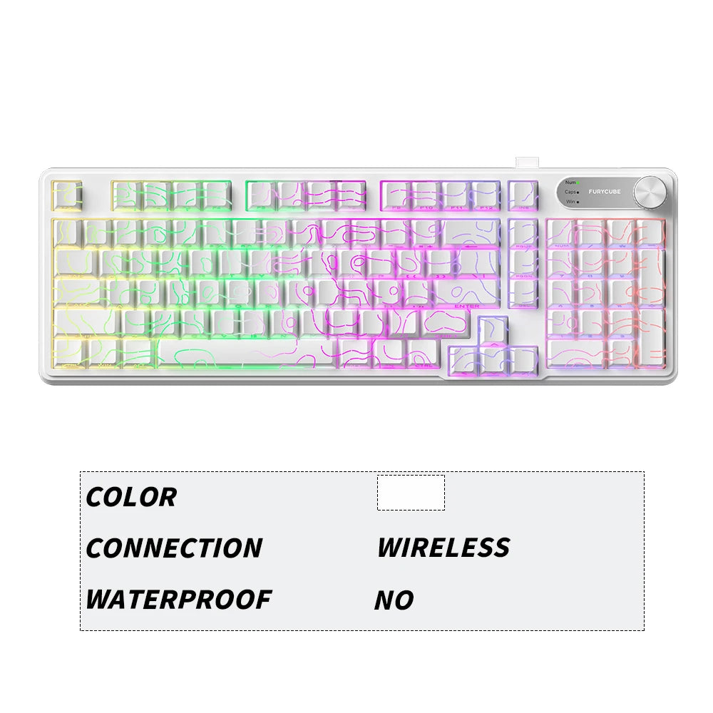 FURYCUBE 98 Key Wireless RGB Keyboard with Screen & Knob – Waterproof Membrane Mechanical Feel Gaming Keyboard White