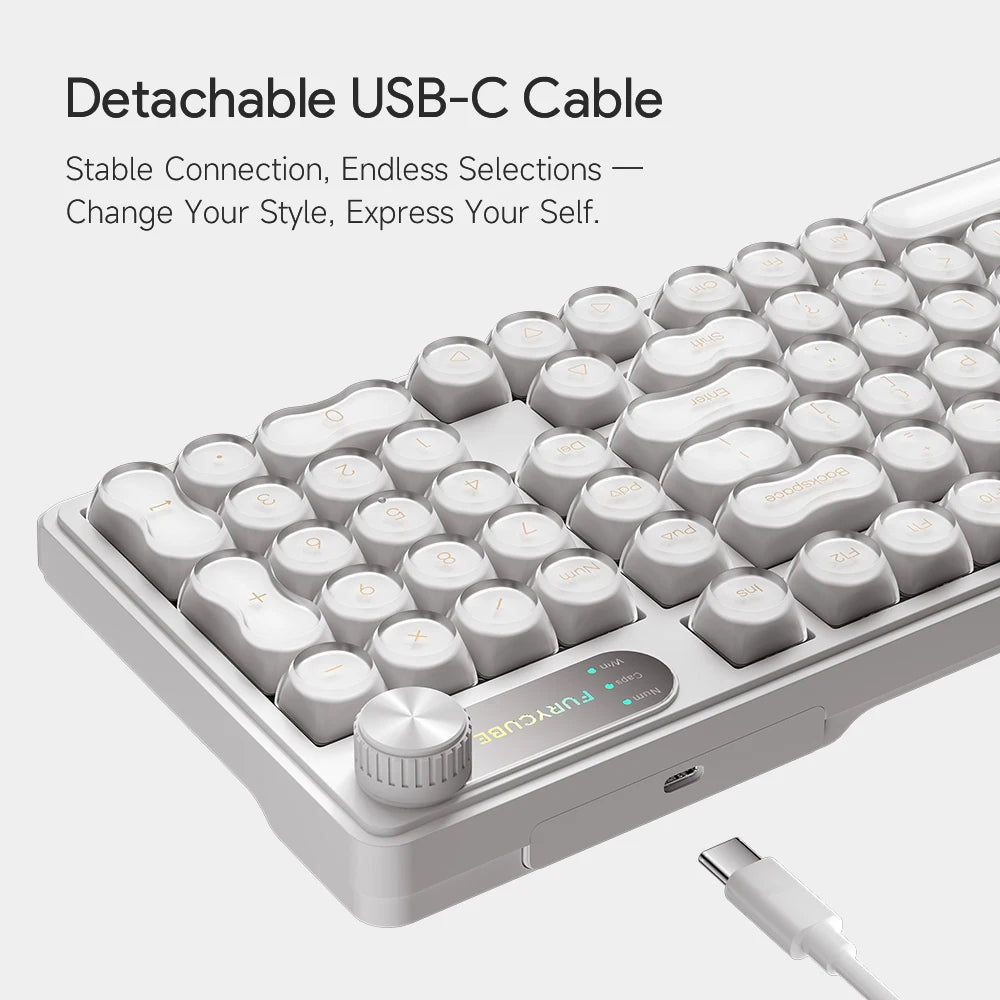 FURYCUBE 98 Key Wireless RGB Keyboard with Screen & Knob – Waterproof Membrane Mechanical Feel Gaming Keyboard White