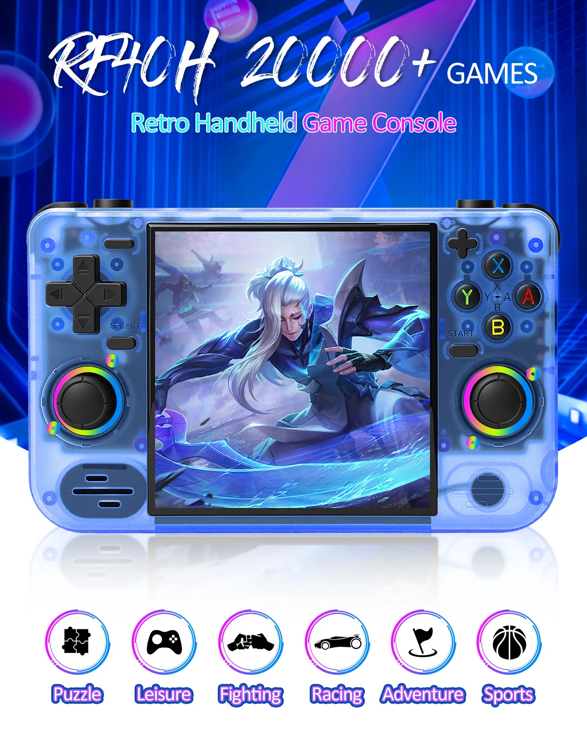 RF40H Handheld Game Console Blue – Retro Portable Gaming System with Dual Joystick, WiFi & HDMI TV Output
