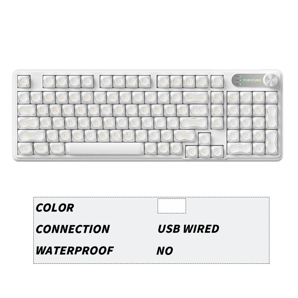 FURYCUBE 98 Key Wireless RGB Keyboard with Screen & Knob – Waterproof Membrane Mechanical Feel Gaming Keyboard White
