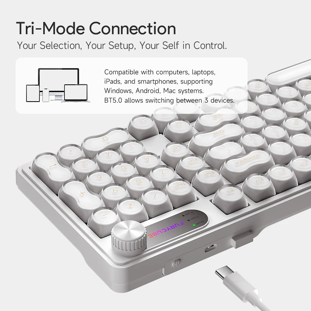 FURYCUBE 98 Key Wireless RGB Keyboard with Screen & Knob – Waterproof Membrane Mechanical Feel Gaming Keyboard White