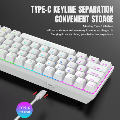 Kavlorn KL61 60% Mechanical Gaming Keyboard White | RGB Backlit, Green Switch, Wired USB