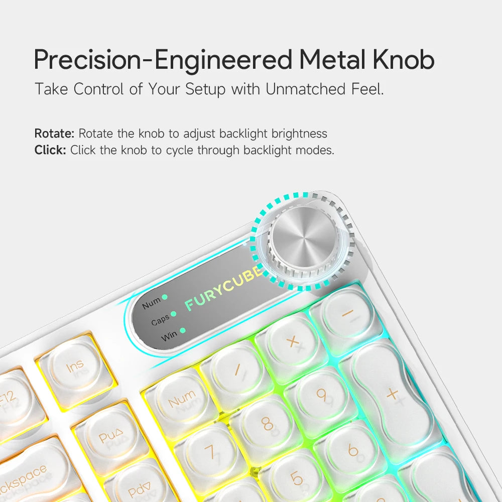FURYCUBE 98 Key Wireless RGB Keyboard with Screen & Knob – Waterproof Membrane Mechanical Feel Gaming Keyboard White