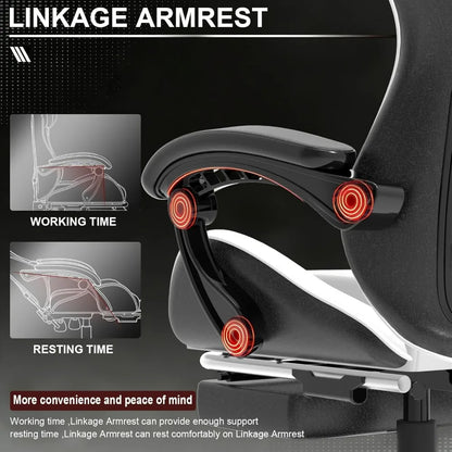 White Black Gaming Chair with Footrest – Ergonomic Reclining Office Chair with Lumbar Support & Adjustable Height