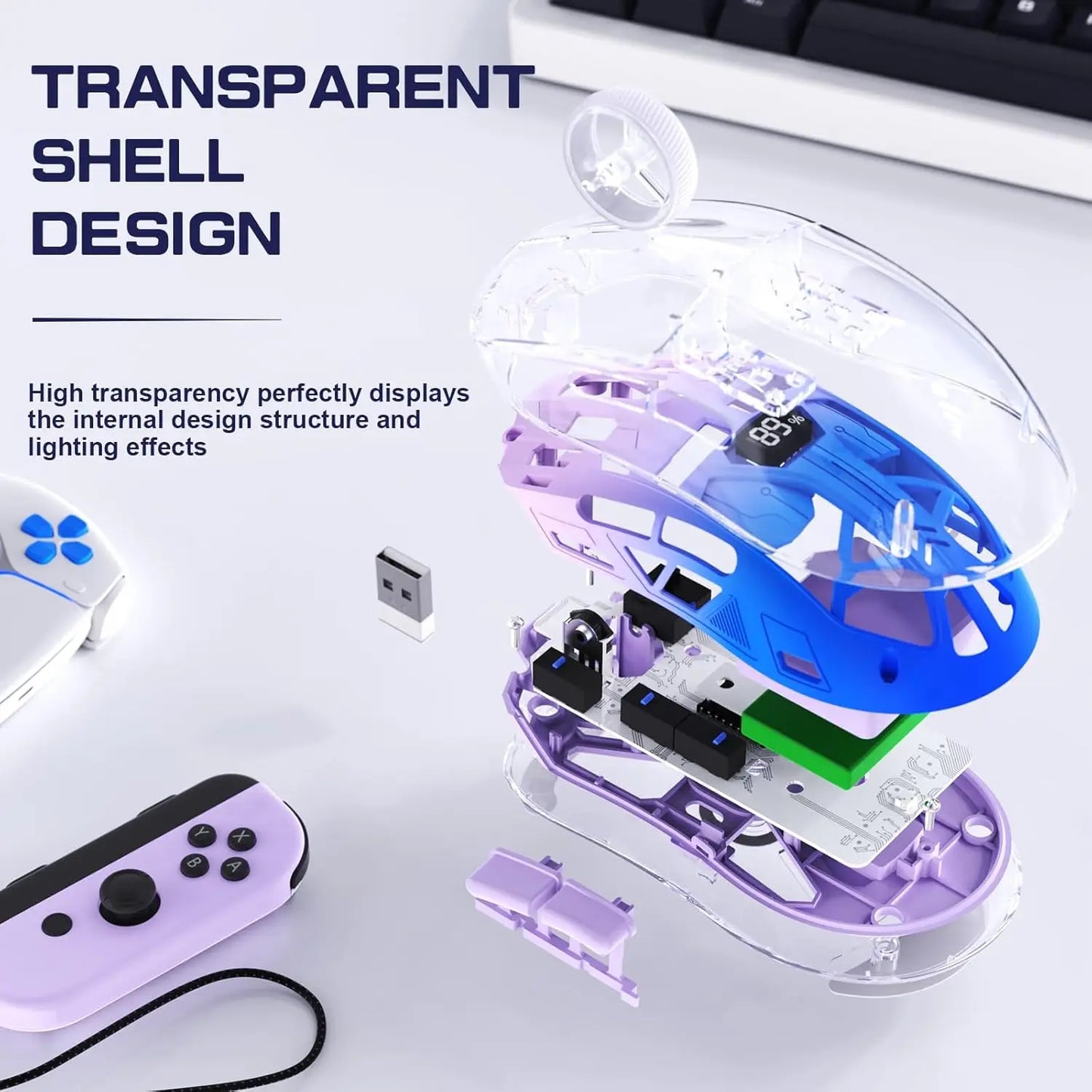 A2 Transparent Wireless Gaming Mouse RGB – Bluetooth 5.0/2.4G Rechargeable Mouse with Display & PixArt 3212 Sensor