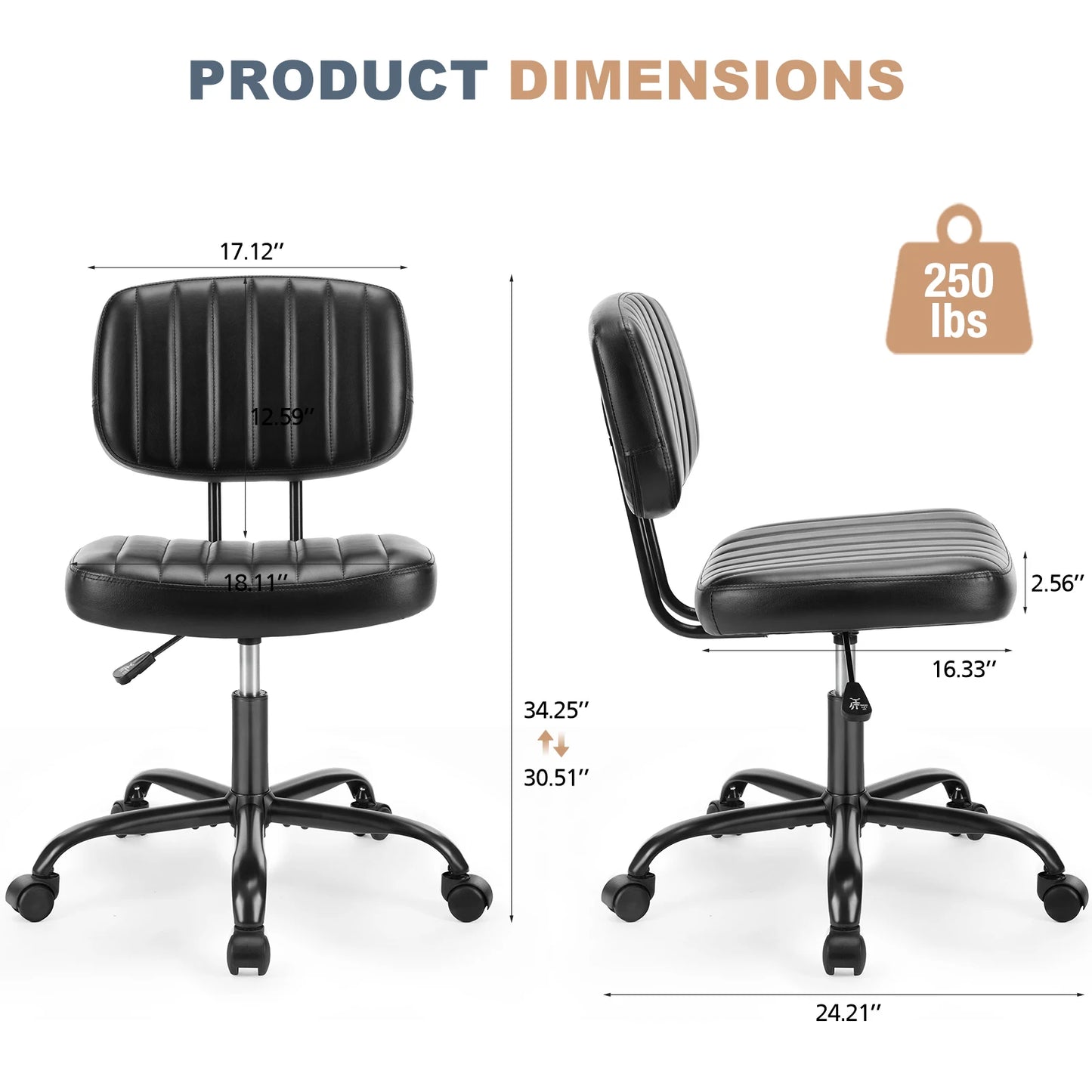 JHK Armless Office Chair PU Leather – Ergonomic Desk Chair with Lumbar Support, Height Adjustable Swivel Computer Chair