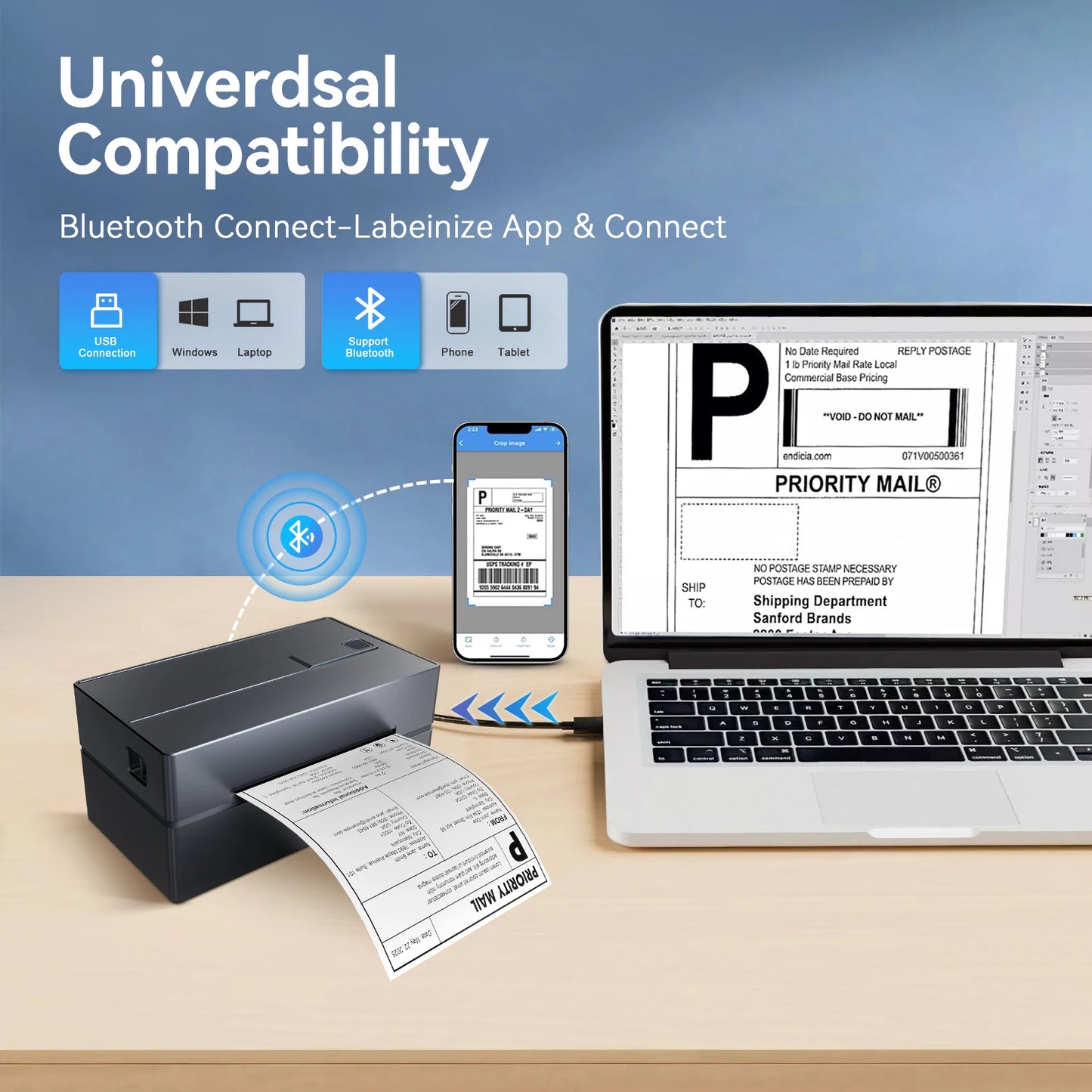 Portable Thermal Label Printer 4x6 – Bluetooth USB Shipping Label Printer 203 DPI No Ink for Small Business