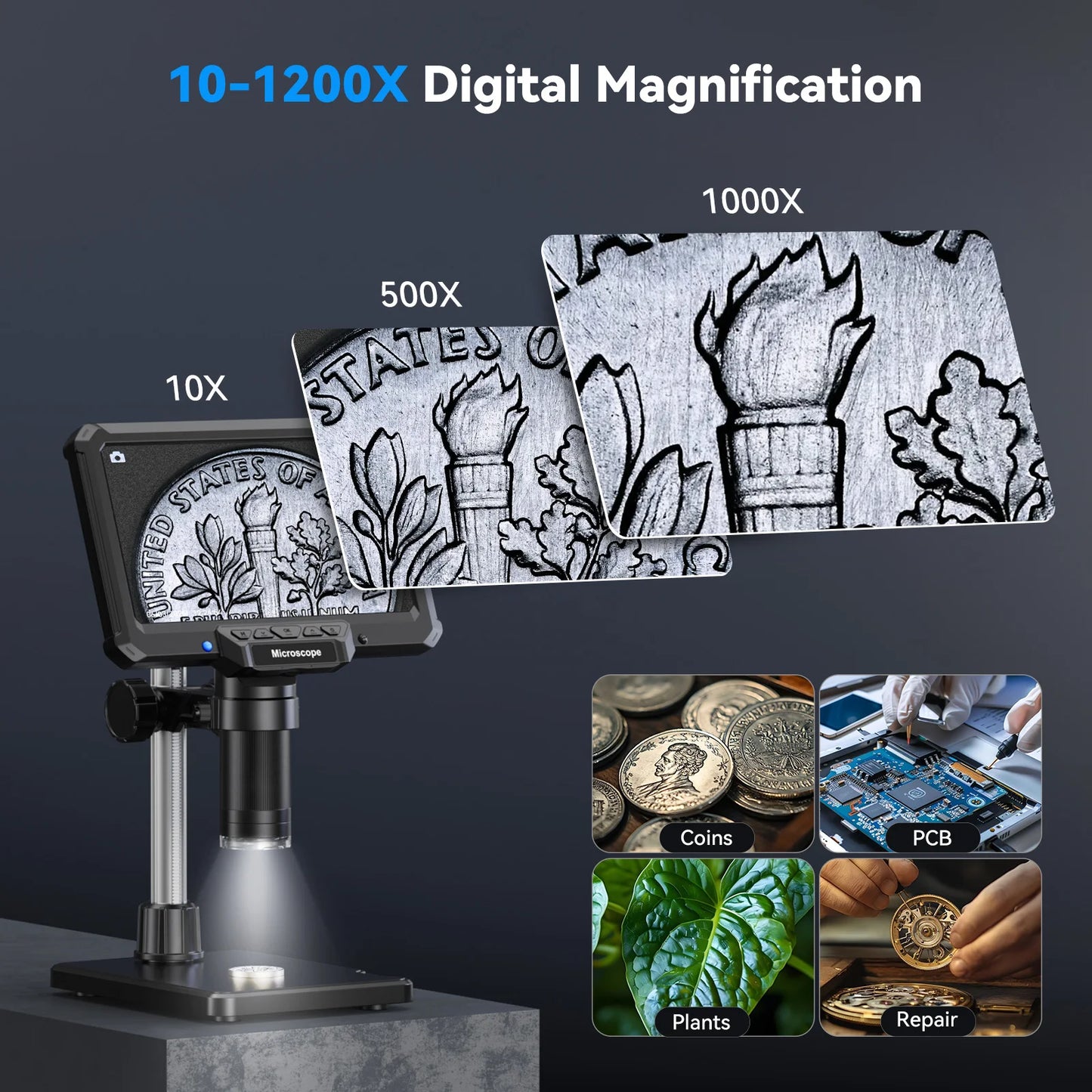 7 Inch Digital Microscope 1200X 16MP – HD Electronic Magnifier for PCB Soldering, Phone Repair & Inspection