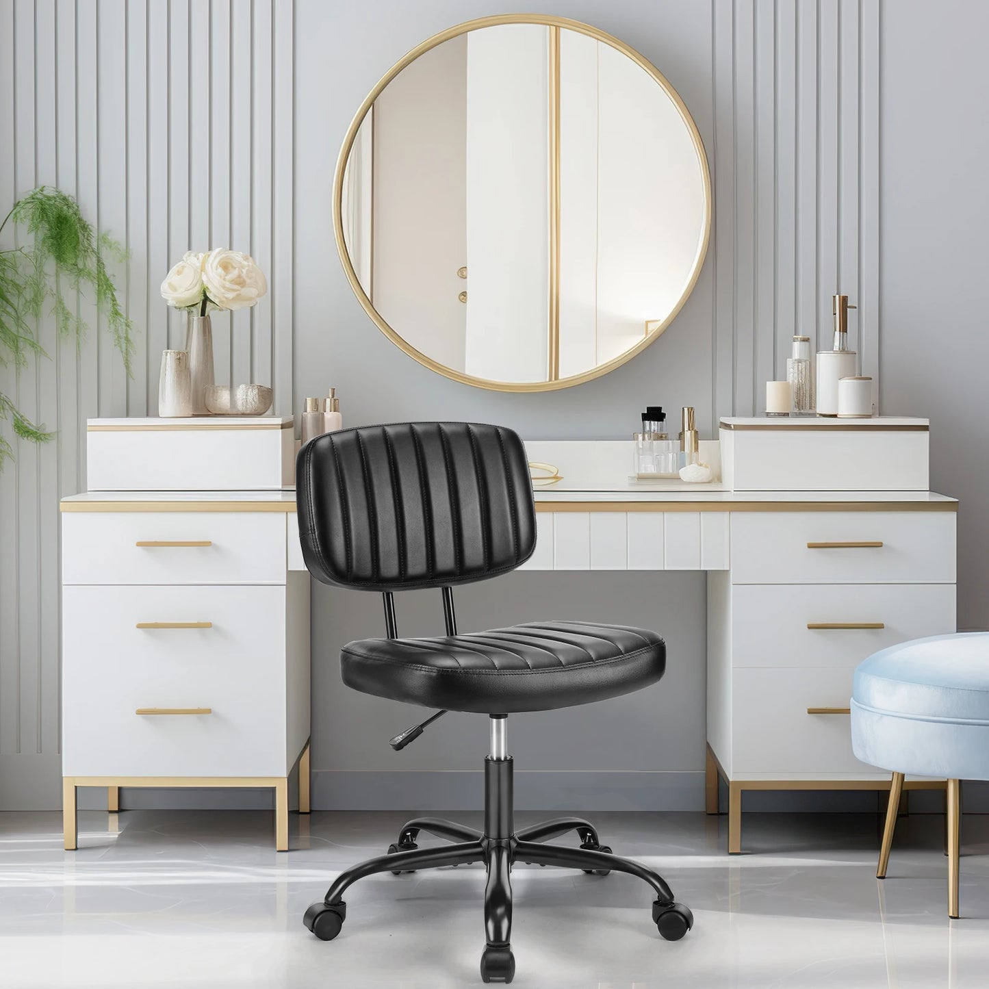 JHK Armless Office Chair PU Leather – Ergonomic Desk Chair with Lumbar Support, Height Adjustable Swivel Computer Chair