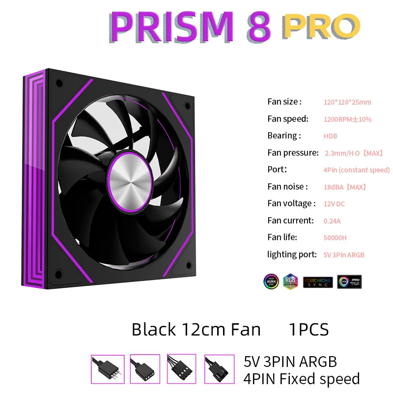 METALFISH PRISM 8 PRO 120mm ARGB Case Fan – Quiet 1200RPM Cooling | 5V 3-Pin Sync