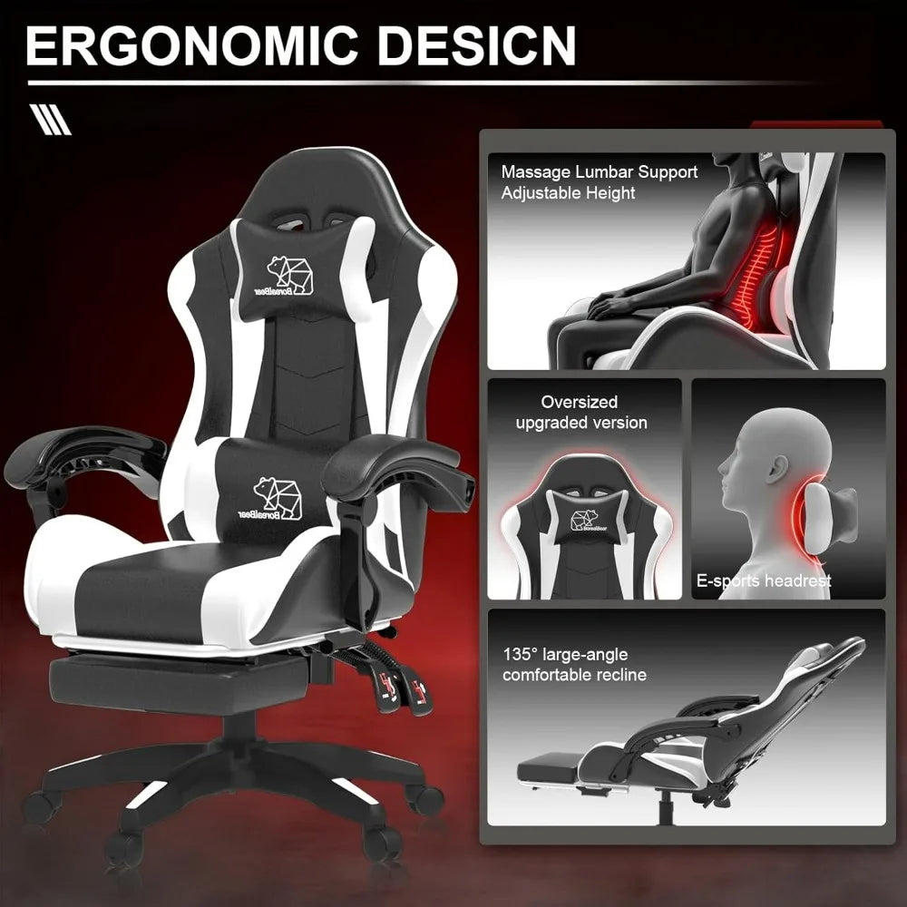 White Black Gaming Chair with Footrest – Ergonomic Reclining Office Chair with Lumbar Support & Adjustable Height