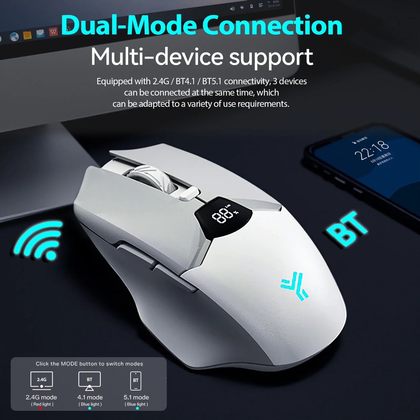 Wireless Bluetooth Mouse with Digital Battery Display – Silent Ergonomic Mouse | 2.4G & Bluetooth 5.0