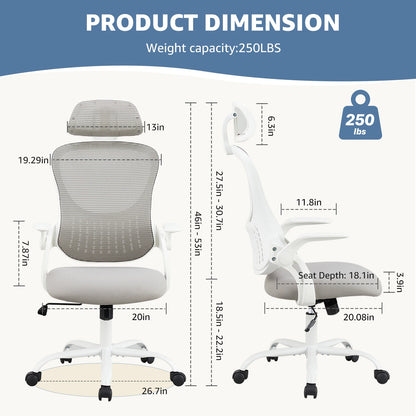JHK Ergonomic Office Chair Mesh – Adjustable Headrest, Lumbar Support & Flip-Up Arms Desk Chair for Home Office