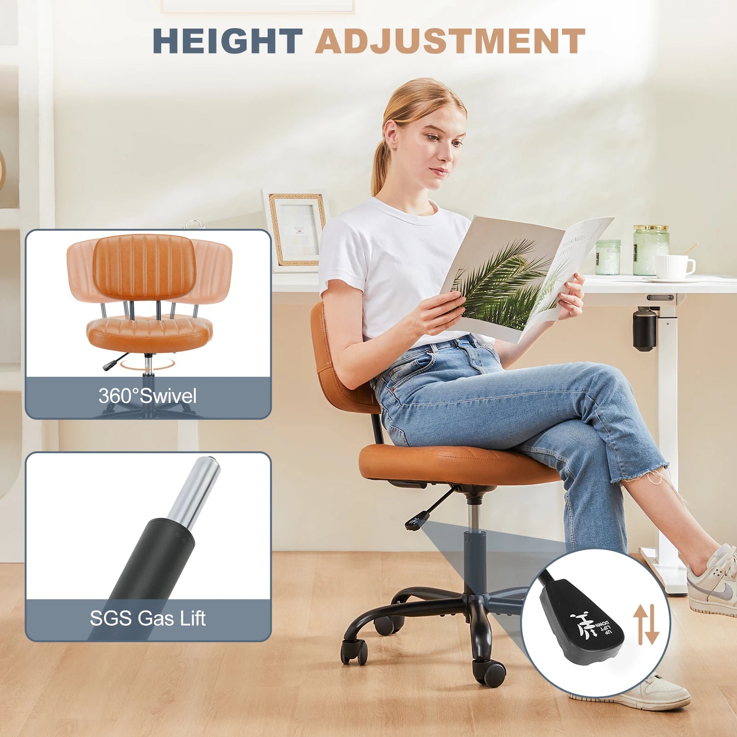 JHK Armless Office Chair PU Leather – Ergonomic Desk Chair with Lumbar Support, Height Adjustable Swivel Computer Chair