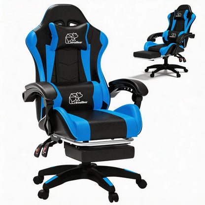 White Black Gaming Chair with Footrest – Ergonomic Reclining Office Chair with Lumbar Support & Adjustable Height