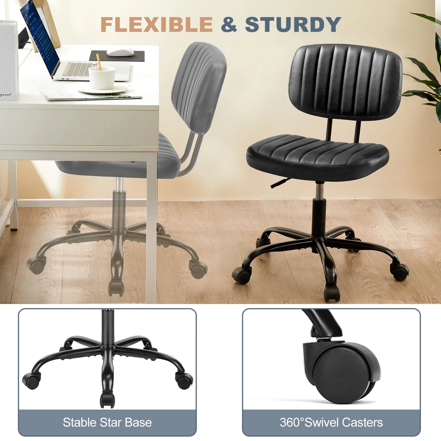 JHK Armless Office Chair PU Leather – Ergonomic Desk Chair with Lumbar Support, Height Adjustable Swivel Computer Chair