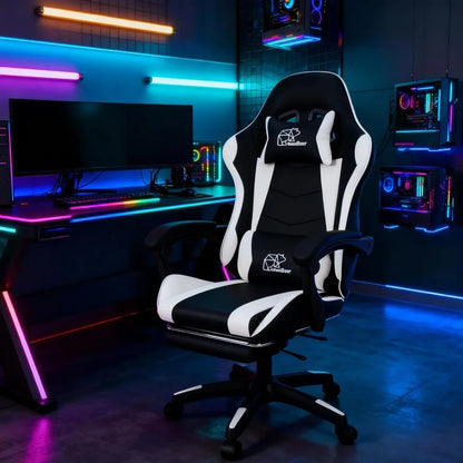 White Black Gaming Chair with Footrest – Ergonomic Reclining Office Chair with Lumbar Support & Adjustable Height