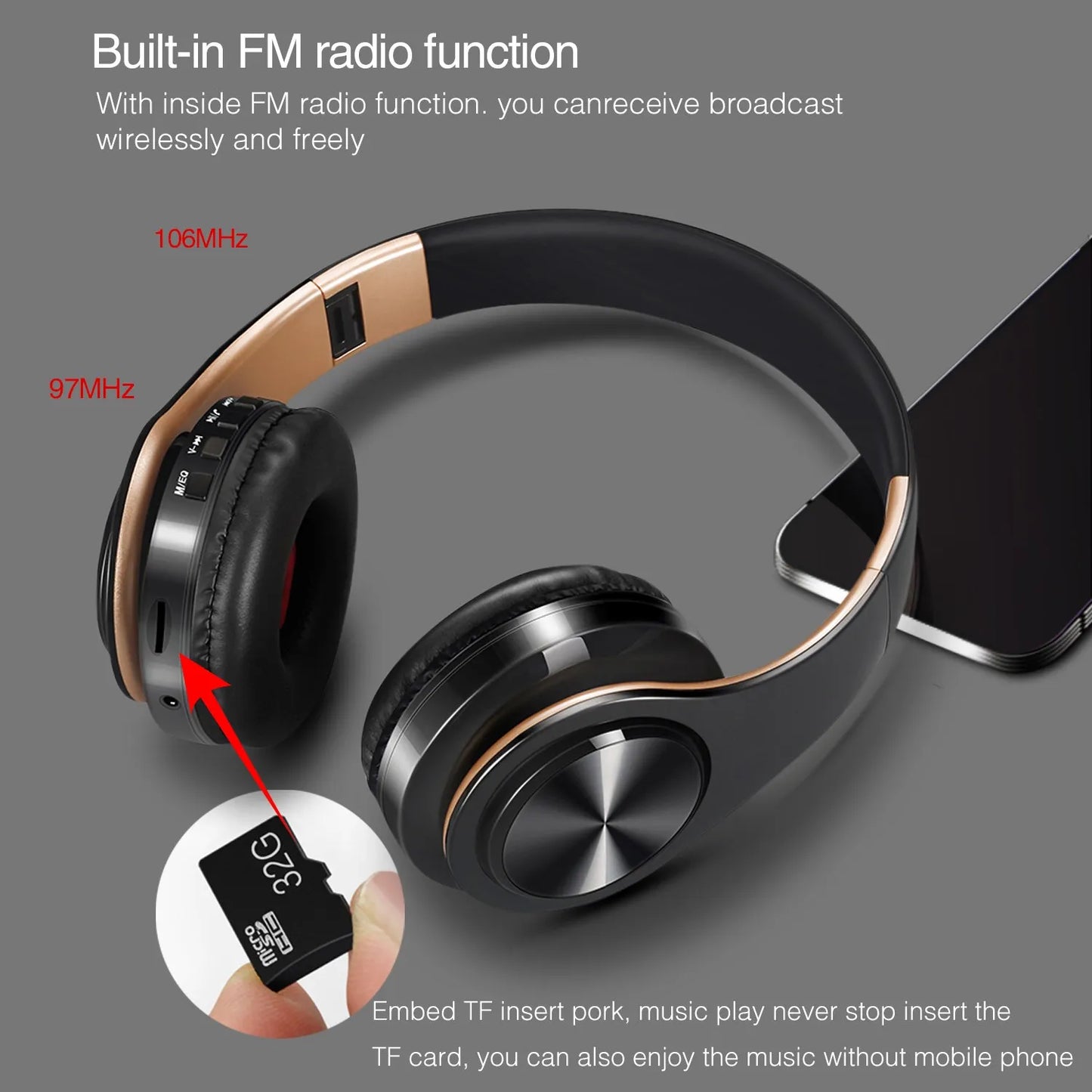 HiFi Stereo Bluetooth Headphones with FM Radio & SD Card – Wireless Music Headset with Mic for iPhone, Samsung, Xiaomi & Tablets