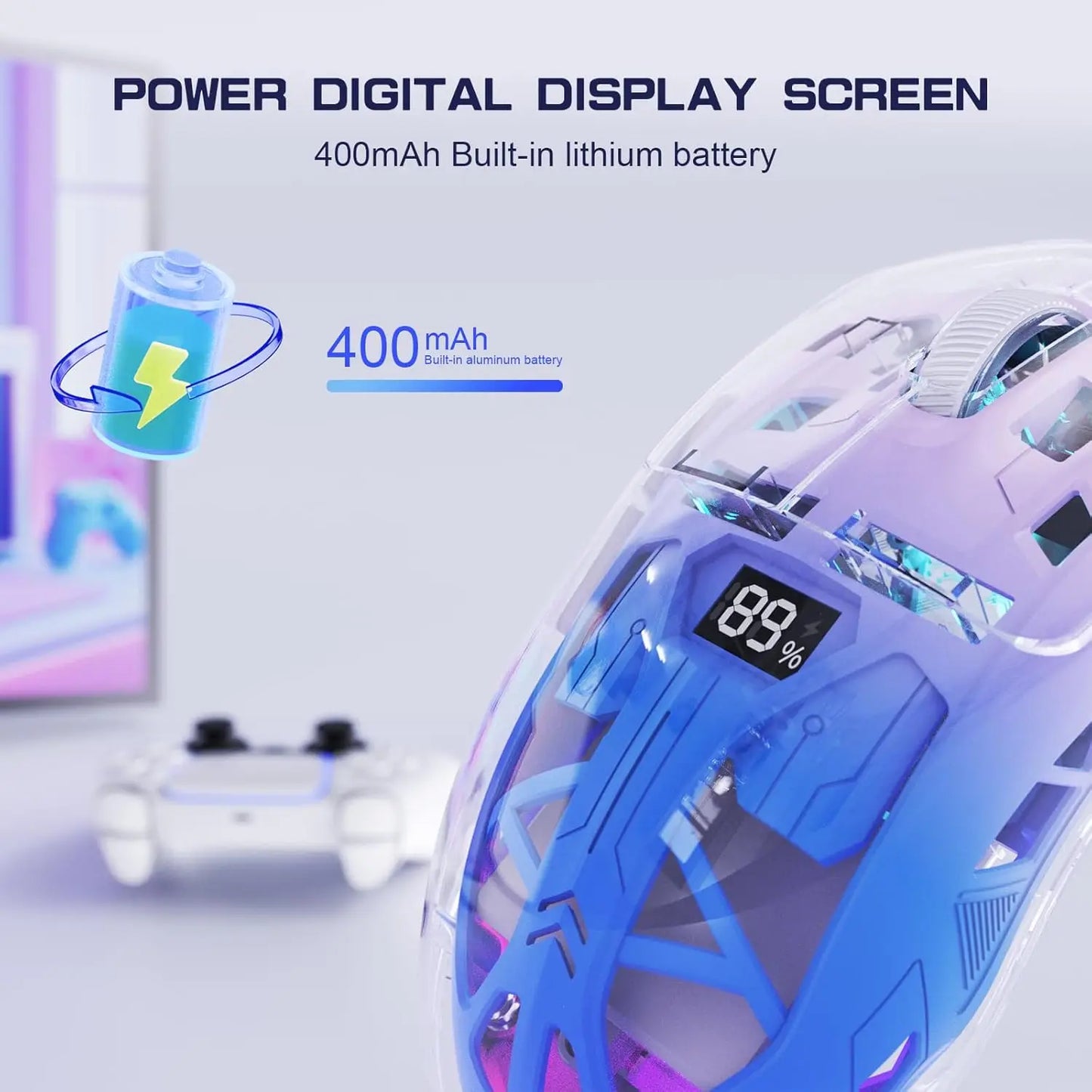 A2 Transparent Wireless Gaming Mouse RGB – Bluetooth 5.0/2.4G Rechargeable Mouse with Display & PixArt 3212 Sensor