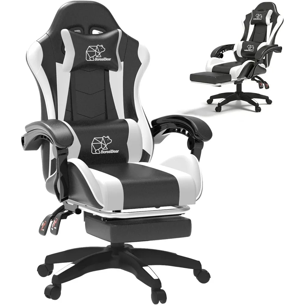 White Black Gaming Chair with Footrest – Ergonomic Reclining Office Chair with Lumbar Support & Adjustable Height