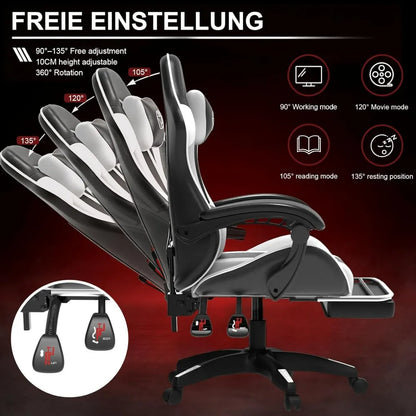 White Black Gaming Chair with Footrest – Ergonomic Reclining Office Chair with Lumbar Support & Adjustable Height