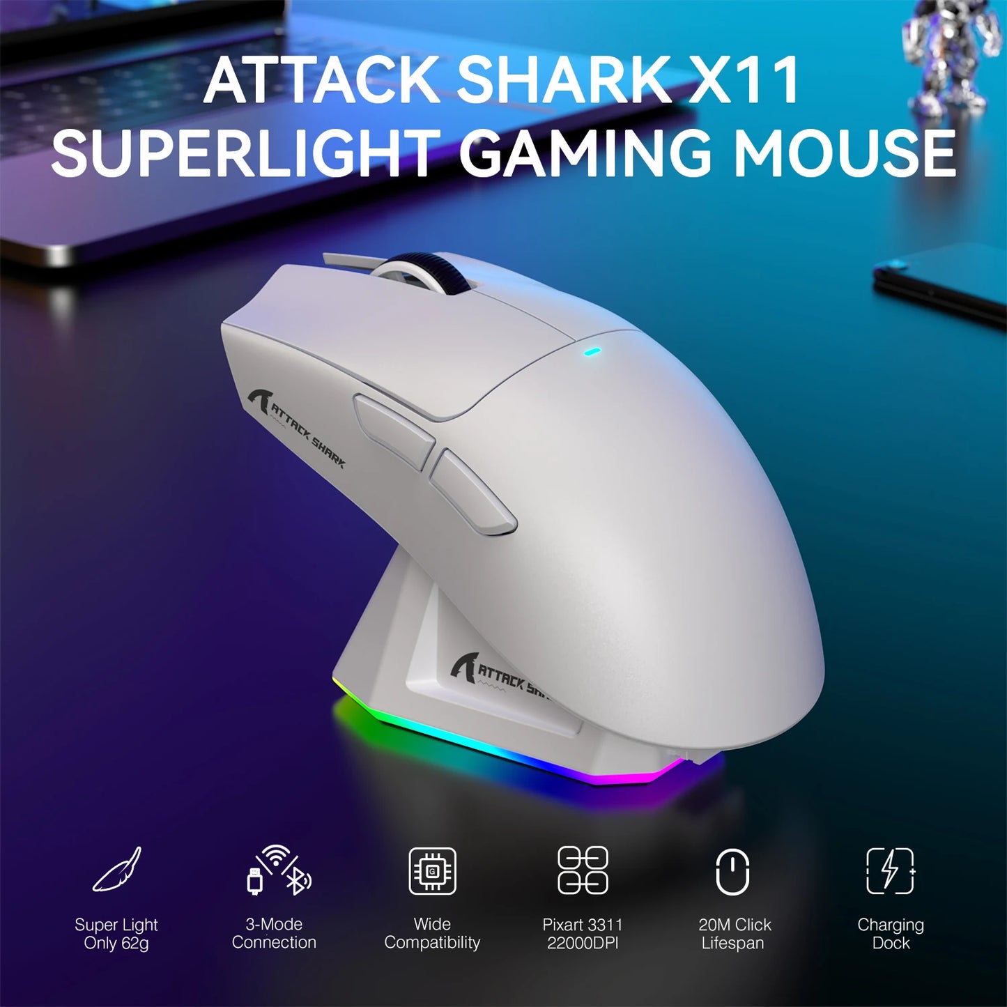 ATTACK SHARK X11 Wireless Gaming Mouse – 22K DPI PAW3311 Sensor RGB Lightweight Rechargeable Mouse