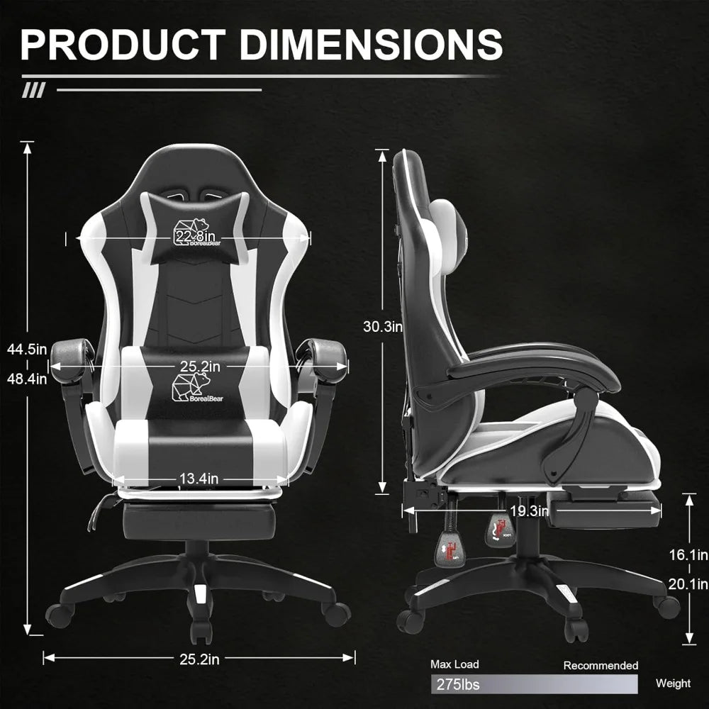 White Black Gaming Chair with Footrest – Ergonomic Reclining Office Chair with Lumbar Support & Adjustable Height
