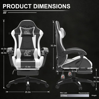 White Black Gaming Chair with Footrest – Ergonomic Reclining Office Chair with Lumbar Support & Adjustable Height