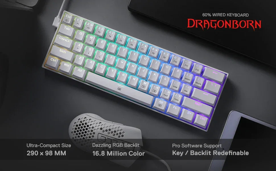 Redragon K630 Dragonborn 60% Hot-Swappable RGB Mechanical Gaming Keyboard - TechTastic Treasures