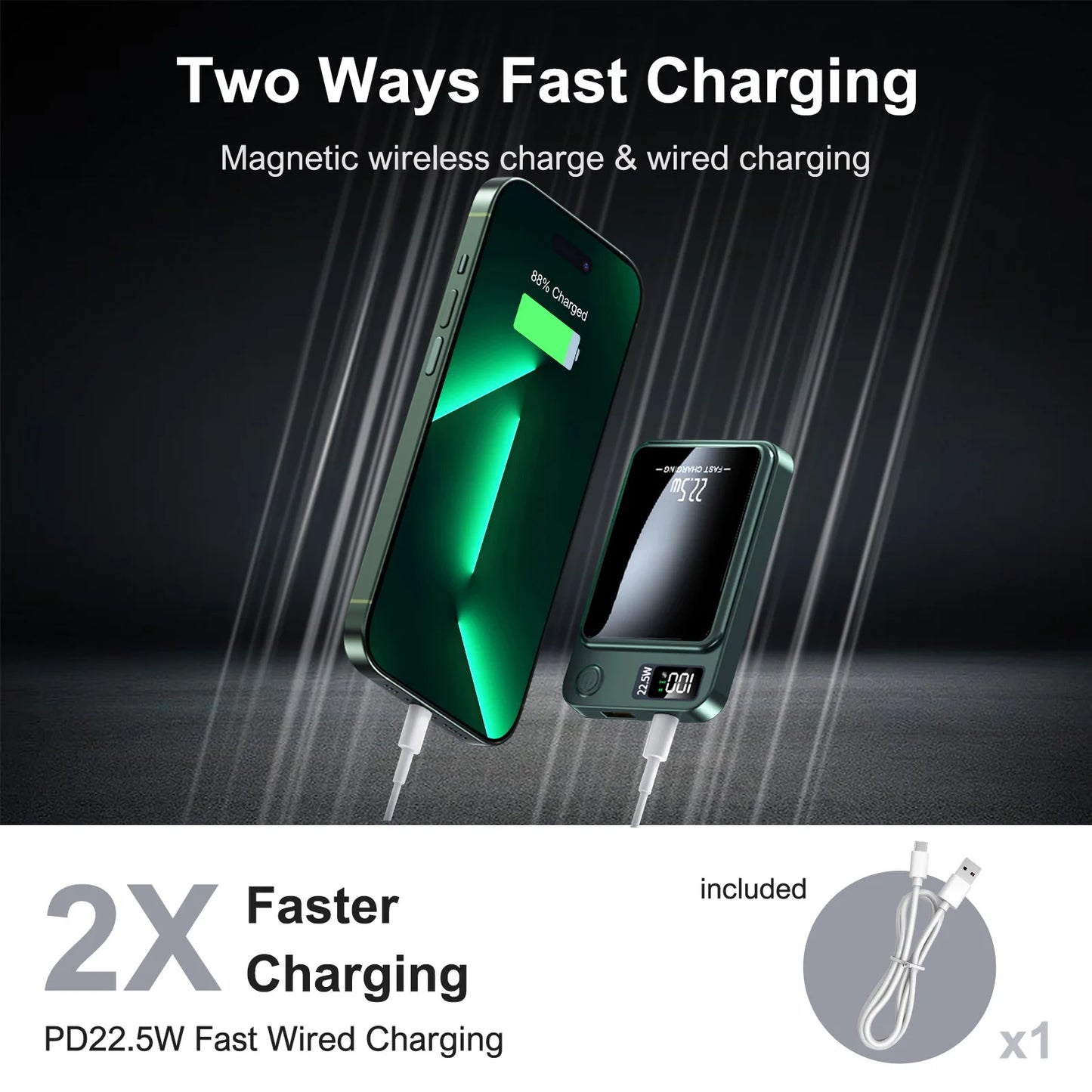 Magnetic Wireless Power Bank 10000mAh – 22.5W Fast Charging MagSafe Compatible Battery Pack with LED Display