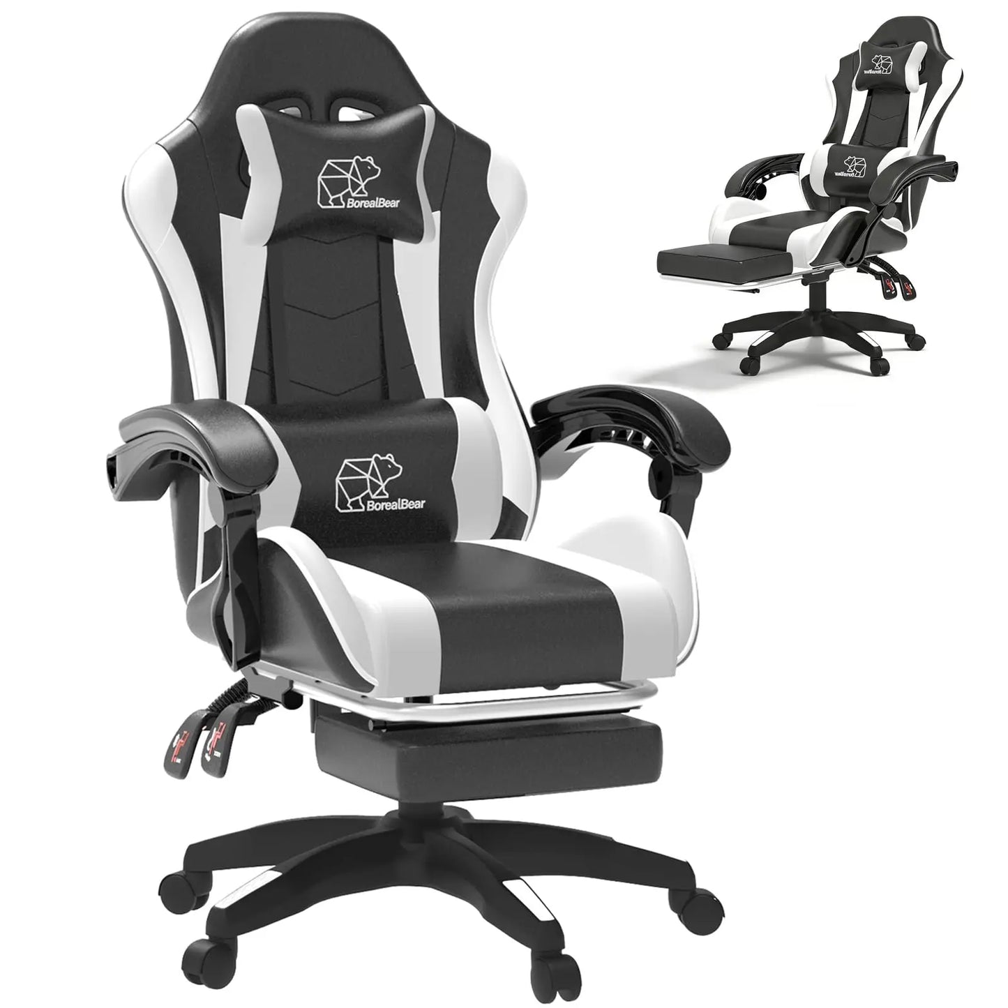 White Black Gaming Chair with Footrest – Ergonomic Reclining Office Chair with Lumbar Support & Adjustable Height