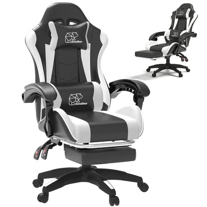 White Black Gaming Chair with Footrest – Ergonomic Reclining Office Chair with Lumbar Support & Adjustable Height